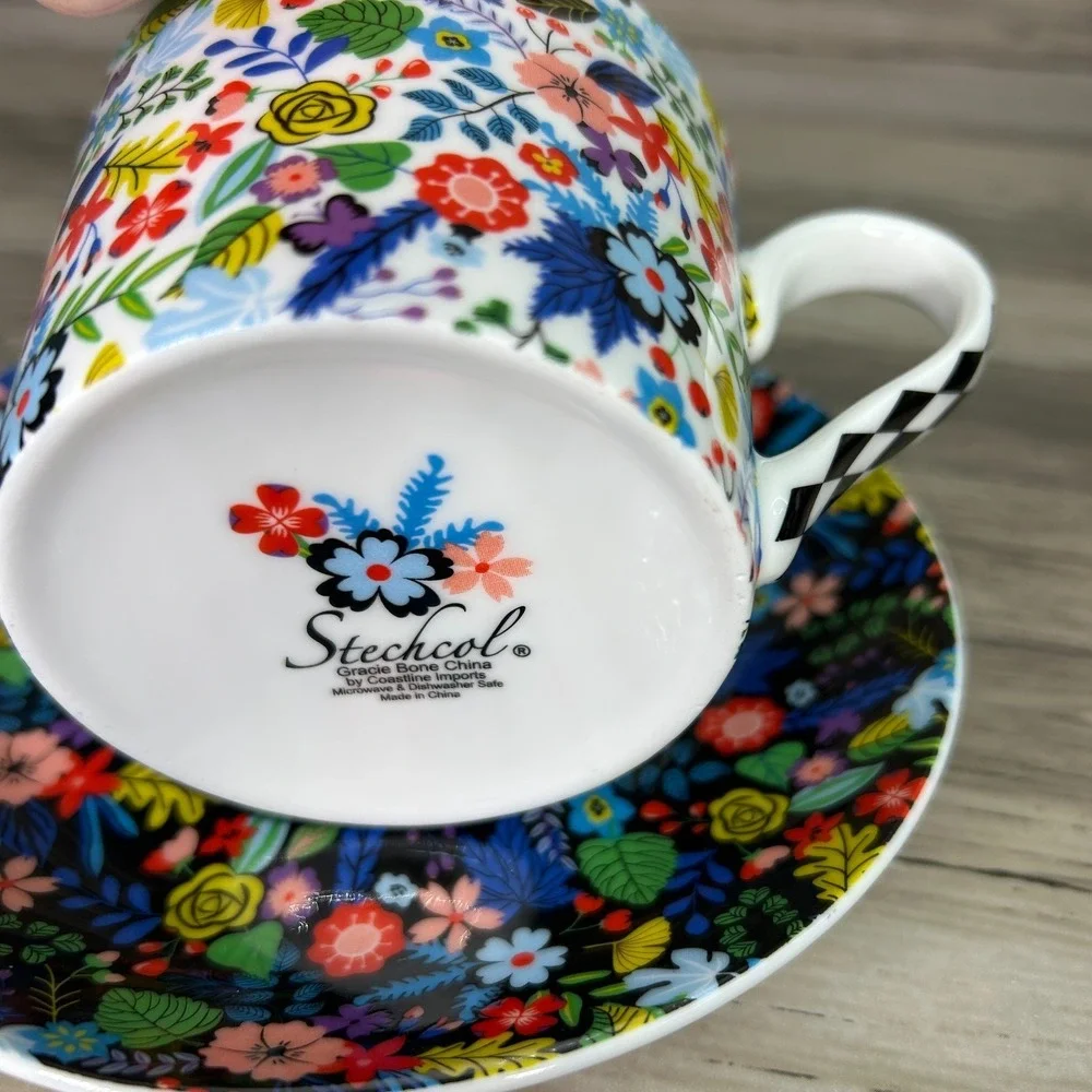 Stechcol Gracie Bone China Mad Hatter Whimsical Tea Set Cup Plate Floral Cottage